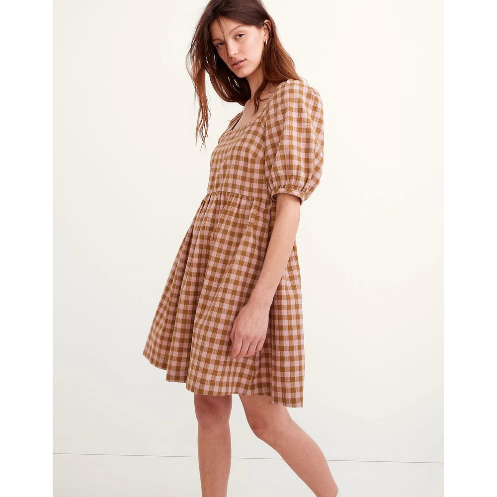 Madewell Dress Small Spiced Olive Square Neck Puff Sleeve Gingham Seersucker‎